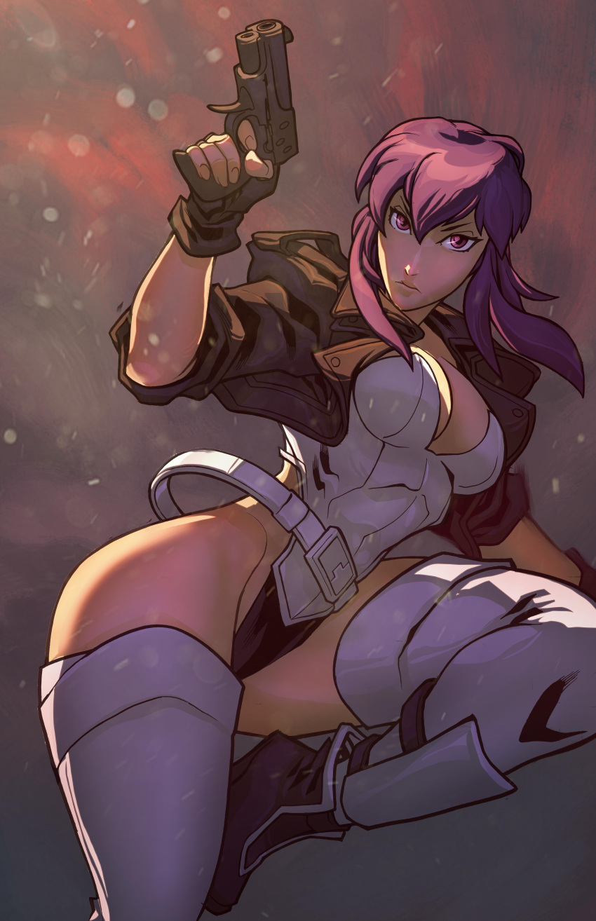 1girl absurdres breasts cleavage cropped_jacket edwin_huang ghost_in_the_shell gun handgun highres kusanagi_motoko leotard purple_hair solo thigh-highs weapon