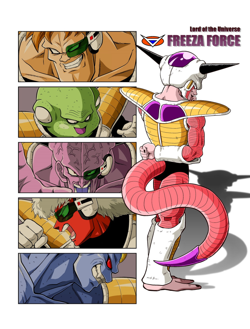 &gt;:) 6+boys :d arm_behind_back armor barefoot blue_skin brown_hair burter captain_ginyu clenched_hand collarbone dragon_ball dragon_ball_z fang frieza ginyu_force gloves green_skin grin guldo hand_on_own_chin highres horns jeice leg_armor multiple_boys muscle no_pupils open_mouth pink_skin purple_skin recoome red_eyes red_skin scouter shinomiya_akino smile tail teeth veins white_hair