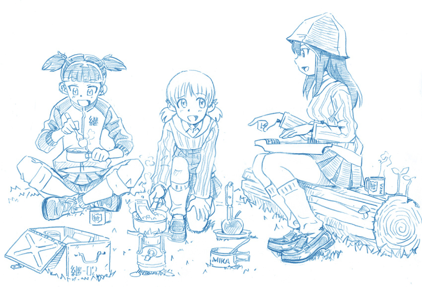 3girls aki_(girls_und_panzer) apple bangs bbb_(friskuser) blunt_bangs boots box camping commentary_request cooking cup food fork fruit girls_und_panzer hair_between_eyes hat indian_style jacket kantele knife loafers log long_hair low_twintails mika_(girls_und_panzer) mikko_(girls_und_panzer) multiple_girls open_mouth playing_instrument pleated_skirt pot school_uniform shoes short_hair short_twintails sitting sitting_on_object sketch skirt smile socks stove sweater tongs track_jacket twintails