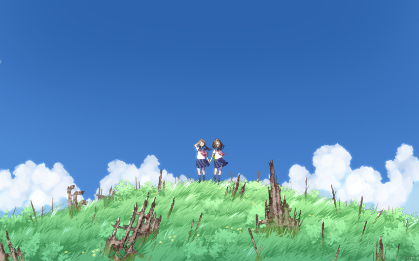 2girls brown_hair clouds commentary field flower hand_on_own_head highres holding_hands long_hair multiple_girls open_mouth original ruins scenery school_uniform serafuku sky smile syego twintails twitter_username wind