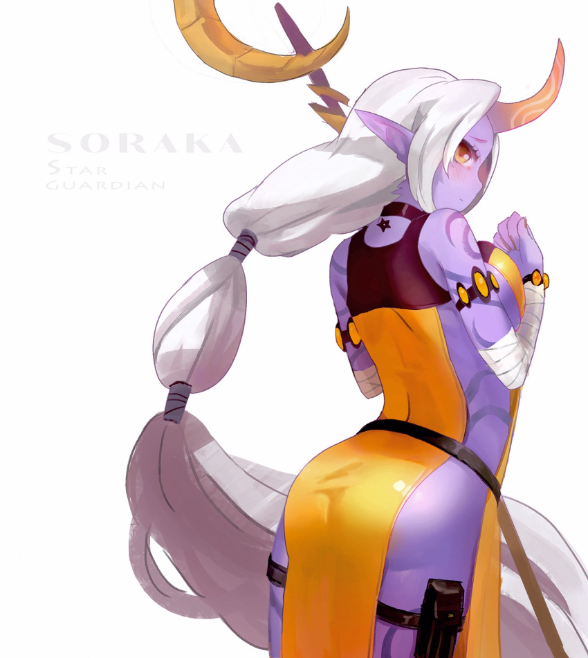 1girl armlet ass back bandages belt blue_skin blush bracelet breasts character_name closed_mouth cowboy_shot english from_behind highres horn jewelry league_of_legends long_hair looking_at_viewer looking_back onekokun pointy_ears ponytail purple_skin sideboob simple_background smile solo soraka staff standing tattoo very_long_hair white_background white_hair wrist_wraps yellow_eyes