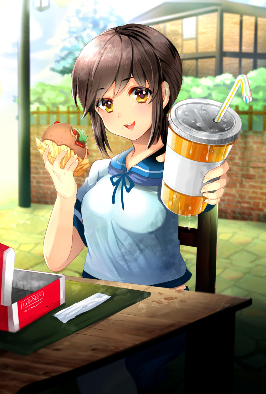 1girl beef blue_sky blurry blush box bread brown_eyes brown_hair building bush chair cup day depth_of_field drinking_straw dripping fence fingernails food fubuki_(kantai_collection) hamburger happy highres holding holding_cup holding_food house kantai_collection lamppost looking_at_viewer outdoors outstretched_arm plant salad sauce shirt short_hair short_sleeves sitting sky solo stone_floor tareme tree uzura_(moimoi) wall water_drop white_shirt wooden_fence wooden_table