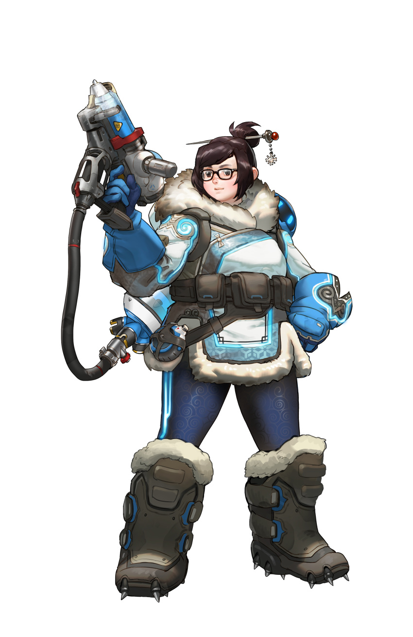 1girl absurdres arnold_tsang belt black-framed_glasses blue_gloves boots brown_eyes brown_hair drone full_body fur_boots fur_coat glasses gloves gun hair_bun hair_ornament hairpin highres holding holding_weapon mei_(overwatch) official_art overwatch print_legwear robot short_hair simple_background utility_belt weapon white_background winter_clothes