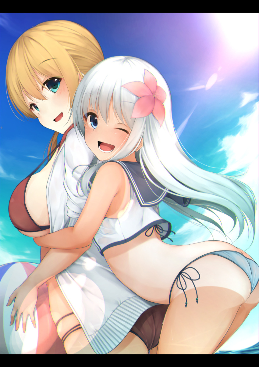2girls :d ;d alternate_costume aqua_eyes ass bare_shoulders bikini blonde_hair blue_bikini blue_eyes blush breasts crop_top flower hair_flower hair_ornament highres hug hug_from_behind jacket kantai_collection large_breasts long_hair looking_at_viewer low_twintails multiple_girls one-piece_tan one_eye_closed open_clothes open_jacket open_mouth prinz_eugen_(kantai_collection) red_bikini rerrere ro-500_(kantai_collection) sailor_collar side-tie_bikini silver_hair smile swimsuit tan tanline twintails