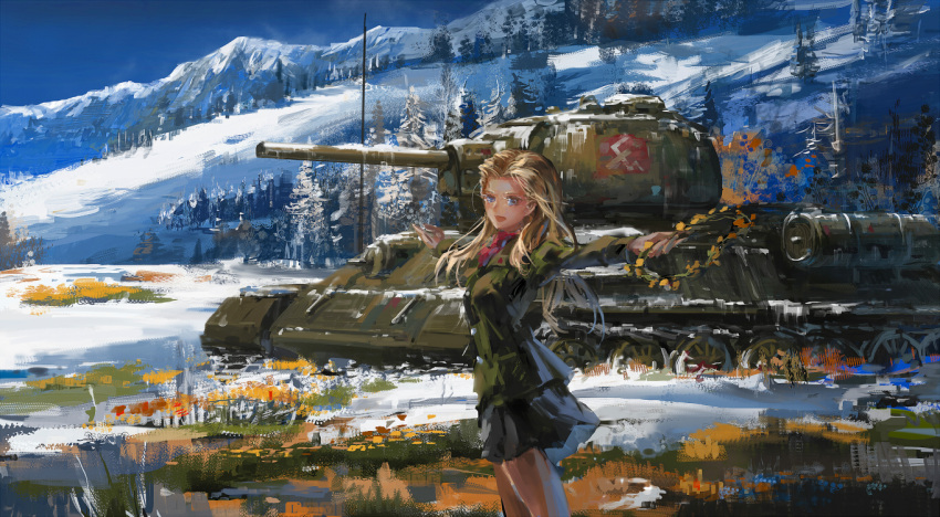 1girl blue_eyes blurry clara_(girls_und_panzer) commentary faux_traditional_media girls_und_panzer ground_vehicle head_wreath long_hair military military_vehicle motor_vehicle mountain open_mouth outstretched_arms skirt smile snow solo stu_dts t-34 tank tree uniform