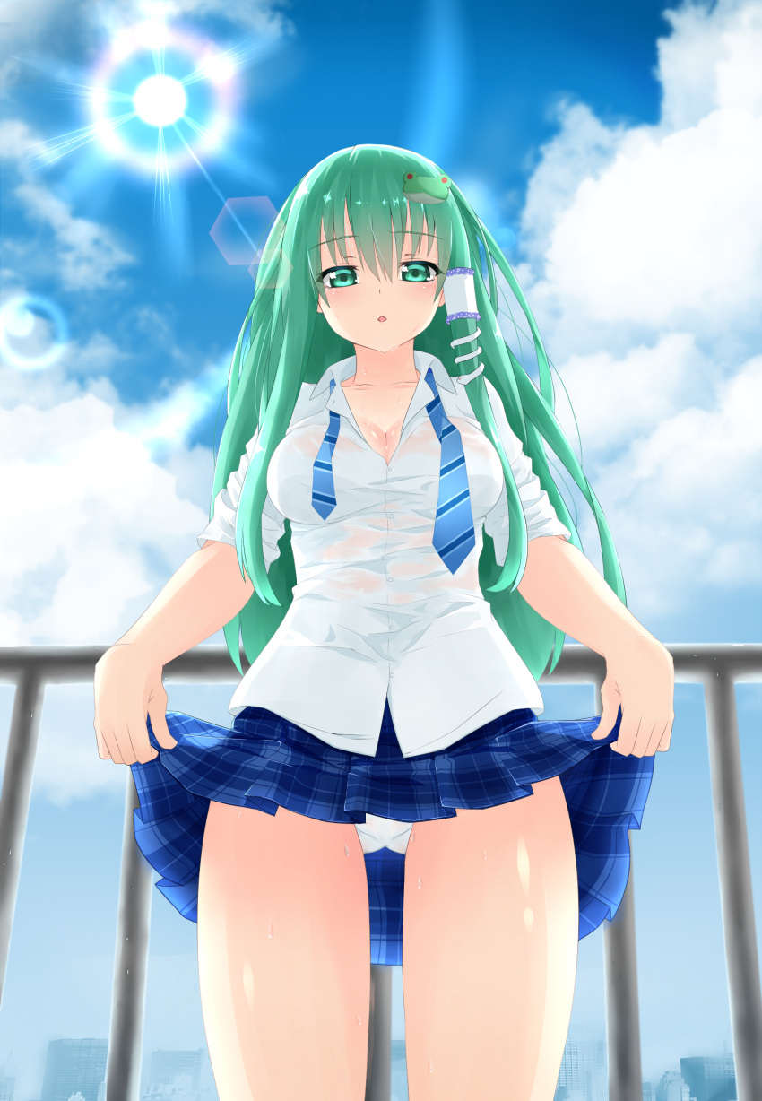 1girl absurdres alternate_costume blue_sky blush breasts cleavage clouds frog_hair_ornament from_below green_eyes green_hair hair_ornament hair_tubes highres kochiya_sanae long_hair looking_at_viewer looking_down miniskirt necktie open_mouth panties plaid plaid_skirt railing shirt short_sleeves skirt skirt_lift sky snake_hair_ornament solo sun sunlight surota sweat touhou underwear wet wet_clothes white_panties