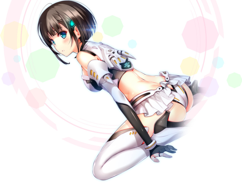 1girl anemori_ayano arm_support ass bare_shoulders black_hair blue_eyes blush boots crop_top dmm from_behind hair_ornament hairclip high_heels highres looking_at_viewer looking_back midriff misaki_kurehito official_art ragnastrike_angels sitting solo thigh-highs thigh_boots wariza white_legwear