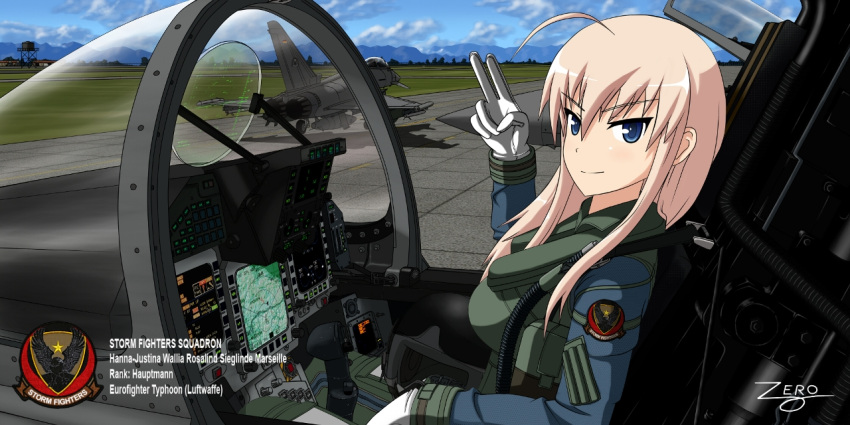 1girl ahoge aircraft artist_name blonde_hair blue_eyes clouds cockpit controller ef_typhoon eurofighter_typhoon german gloves grass hanna-justina_marseille helmet hose joystick long_hair looking_at_viewer luftwaffe military military_base military_uniform outdoors pilot_suit runway signature sitting sky smile solo strike_witches tree uniform zero_(73ro)