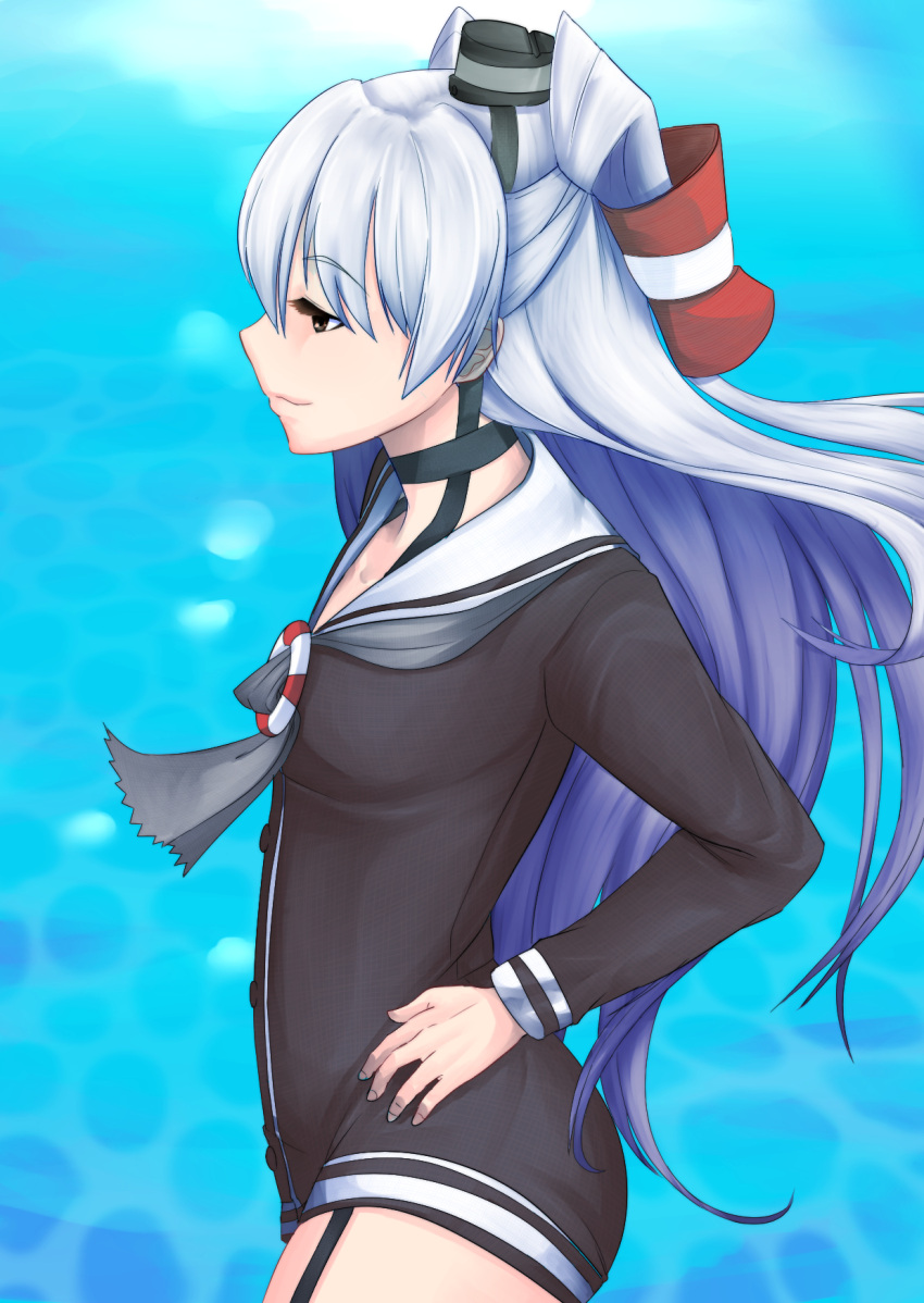 1girl amatsukaze_(kantai_collection) brown_dress brown_eyes buttons choker collarbone dress from_side garter_straps hair_ornament hair_tubes half-closed_eye hand_on_hip highres hirose_geronimo kantai_collection lifebuoy long_hair long_sleeves sailor_dress short_dress silver_hair solo two_side_up windsock