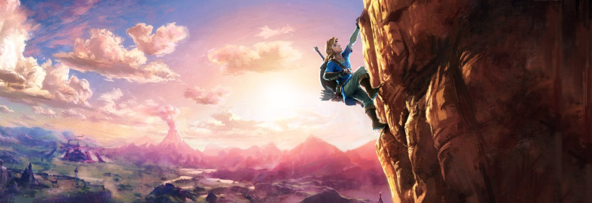 1boy arm_up arrow backlighting behind_back blonde_hair blue_eyes blue_shirt boots brown_boots building cliff climbing clouds evening field fletches grey_pants knee_boots link mountain official_art orange_sky pants quiver scenery sheath sheathed shirt sky smoke sunset sword the_legend_of_zelda the_legend_of_zelda:_breath_of_the_wild tunic volcano weapon