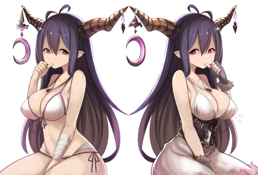 antenna_hair atg_(wttoo0202) bandaged_arm bandages bikini black_hair breasts cleavage danua granblue_fantasy highres horns large_breasts long_hair pointy_ears red_eyes side-tie_bikini simple_background swimsuit thumb_sucking white_background