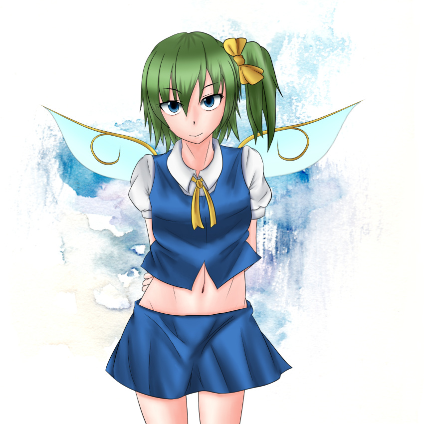 &gt;:) 1girl arba1989 arms_behind_back ascot blue_eyes bow collared_shirt commentary_request cowboy_shot daiyousei fairy_wings green_hair hair_bow head_tilt highres looking_at_viewer midriff navel shirt short_hair short_sleeves side_ponytail simple_background skirt skirt_set smile solo thigh_gap touhou vest white_background white_shirt wings