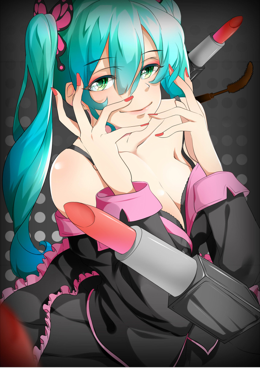 1girl absurdres aqua_hair bangs black_background black_dress blurry bra_slip bra_strap breasts butterfly_hair_ornament closed_mouth collarbone depth_of_field dress eyebrows eyebrows_visible_through_hair fingernails frills gradient gradient_background green_eyes hair_between_eyes hair_ornament hatsune_miku highres honey_whip_(module) large_breasts lipstick_tube long_fingernails long_hair long_sleeves looking_at_viewer nail_polish off_shoulder polka_dot polka_dot_background project_diva_(series) project_diva_f red_nails smile solo sweet_devil_(vocaloid) twintails very_long_hair vocaloid xinshijie_de_akalin