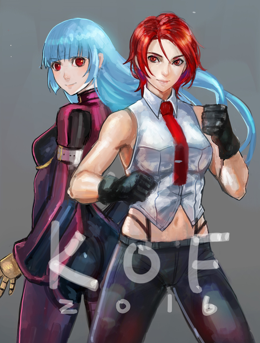 2girls belt blue_eyes blue_hair boxing breasts chaps cropped_jacket gloves highres k.c kula_diamond large_breasts lips lipstick long_hair looking_at_viewer makeup midriff multiple_girls navel necktie pants red_eyes redhead shirt short_hair sleeveless snk suspenders the_king_of_fighters thigh-highs vanessa_(king_of_fighters)