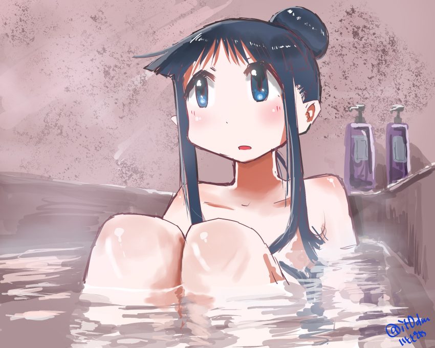 1girl alternate_color alternate_eye_color alternate_hair_color artist_name bangs bath bathing bathtub blue_eyes blue_hair blush bottle convenient_censoring flat_chest hair_bun hair_censor hair_over_breasts highres hinata_yukari indoors itodome knees_up long_hair nude open_mouth partially_submerged shiny shiny_hair sidelocks signature sitting soap_bottle solo steam twitter_username water watermark wet yuyushiki