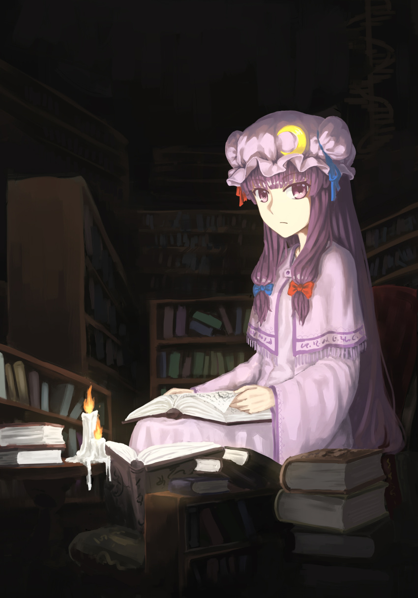 1girl absurdres atkdog book book_on_lap book_stack bookshelf candle candlelight crescent crescent_hair_ornament double_bun dress frown hair_ornament hair_ribbon hat highres indoors library long_hair long_sleeves looking_at_viewer mob_cap no_lineart open_book patchouli_knowledge purple_dress purple_hair ribbon shawl sidelocks solo touhou tress_ribbon very_long_hair violet_eyes