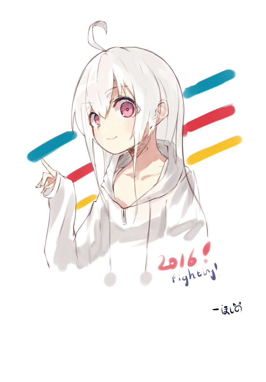 1girl 2016 absurdres ahoge artist_name collarbone dated eyebrows eyebrows_visible_through_hair fingernails highres hood hood_down hoodie hoshino_(8679643) long_hair looking_at_viewer original pink_eyes pointing pom_pom_(clothes) smile solo upper_body white_background white_hair