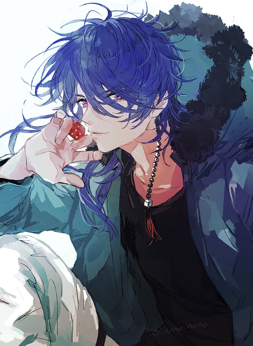 1boy arisugawa_dice asymmetrical_hair black_shirt blue_hair blue_jacket closed_mouth collarbone commentary_request dice earrings eyebrows_visible_through_hair fur-trimmed_jacket fur_trim hanakazesun hand_up highres holding_dice hood hooded_jacket hypnosis_mic jacket jewelry long_hair looking_at_viewer male_focus pants shirt simple_background single_earring solo upper_body v-shaped_eyebrows violet_eyes white_background white_pants