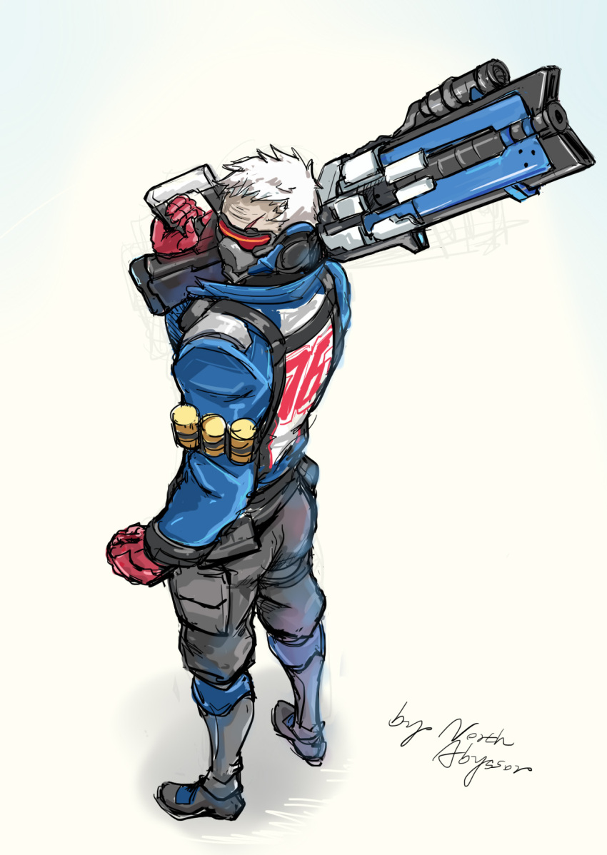 1boy boots energy_gun face_mask gloves grey_hair gun highres jacket looking_back male_focus mask north_abyssor old_man overwatch pants rifle scar sketch soldier:_76_(overwatch) solo visor weapon