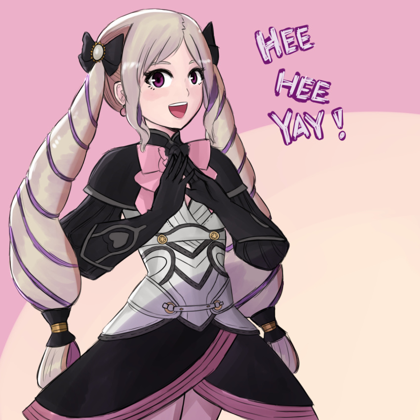 1girl armor black_gloves blonde_hair blush bow commentary cowboy_shot cryopon dress drill_hair earrings elise_(fire_emblem_if) eyelashes fire_emblem fire_emblem_if gloves hair_bow hair_ribbon hands_together highres jewelry long_hair looking_at_viewer open_mouth ribbon smile solo teeth text twin_drills twintails two-tone_background very_long_hair violet_eyes