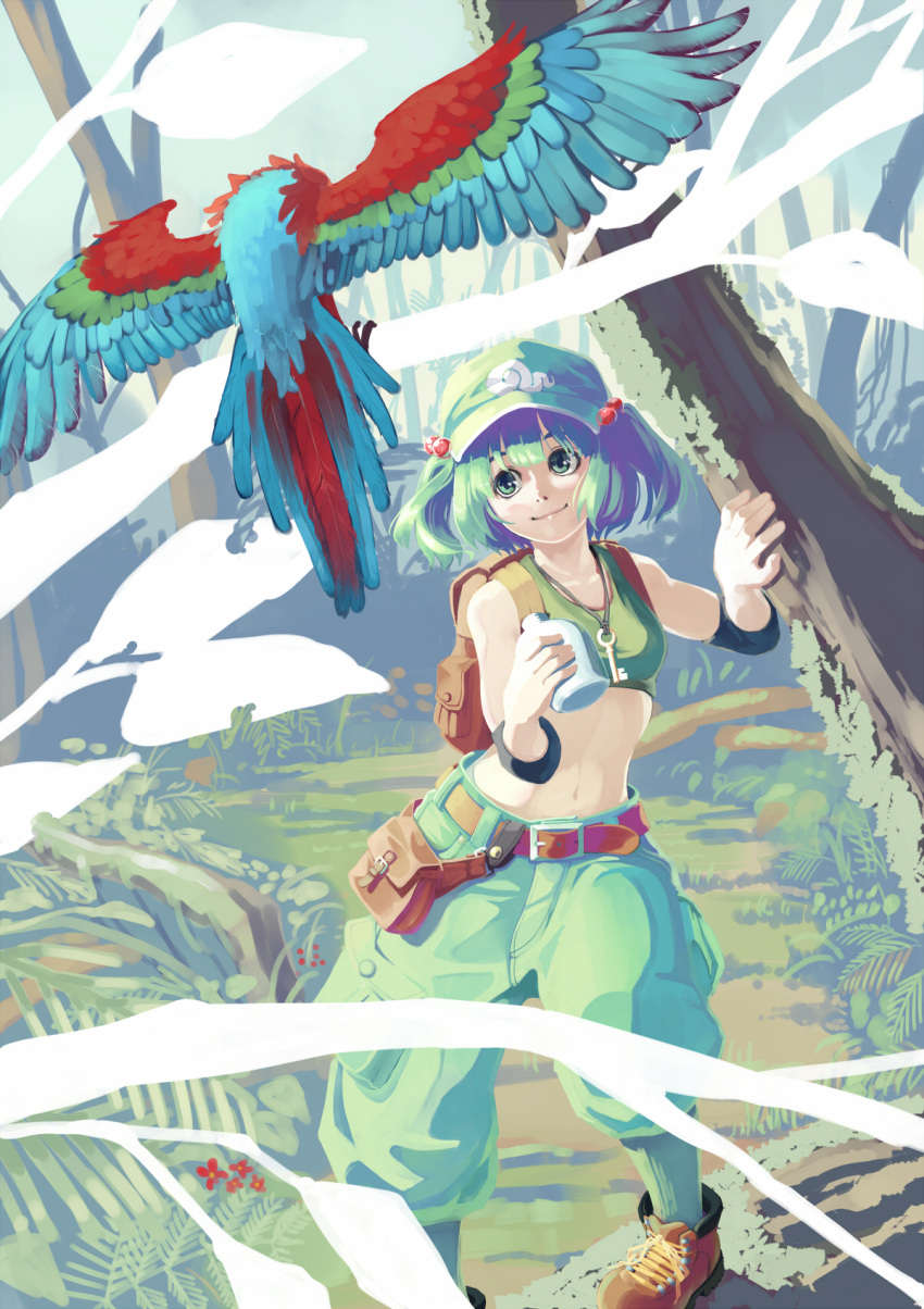 1girl alternate_costume aqua_hair backpack bag belt bird boots canteen crop_top cross-laced_footwear elbow_pads forest hair_bobbles hair_ornament hat highres kawashiro_nitori key lace-up_boots looking_up midriff nature navel pants parrot pouch satsuki_(satsuki1987) smile touhou twintails two_side_up
