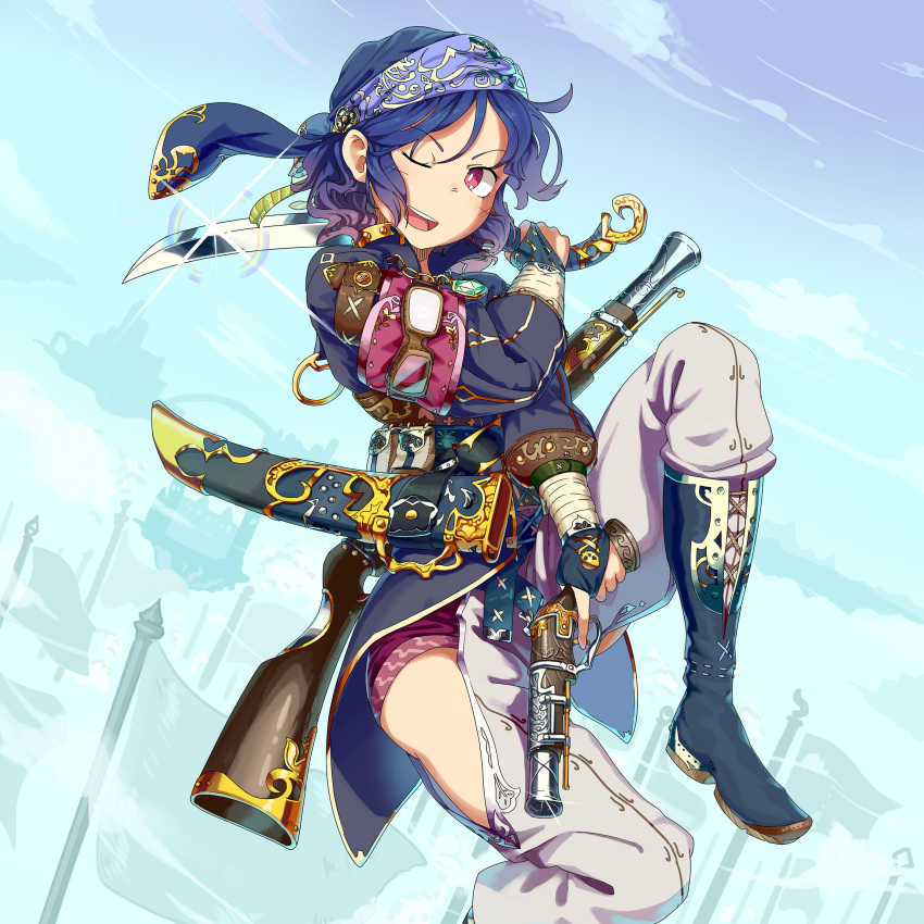 1girl antique_firearm arm_wraps armband bandana belt belt_pouch blue_hair blunderbuss boots bridal_gauntlets clouds eyebrows eyebrows_visible_through_hair firearm flag goggles goggles_around_arm gun handgun hat highres jacket mn3ga one_eye_closed one_leg_raised open_mouth original pants pink_eyes puffy_sleeves rifle scimitar side_cutout sky solo sword trigger_discipline unsheathed weapon weapon_on_back