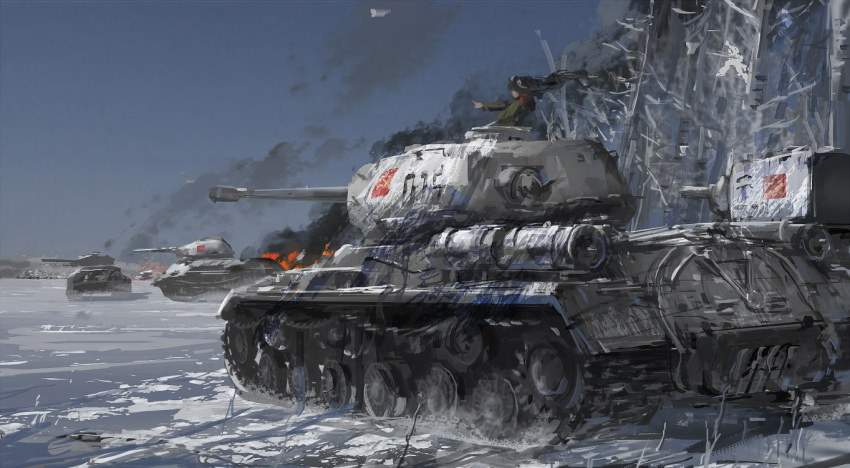 1girl bare_tree black_hair blurry faux_traditional_media fire girls_und_panzer ground_vehicle is-2 kv-2 long_hair military military_vehicle motor_vehicle nonna pointing smoke snow solo stu_dts t-34 tank tree uniform war
