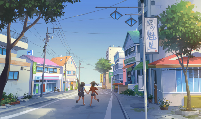 2girls black_hair child commentary guitar_case holding_hands house instrument_case kitsu+3 long_hair multiple_girls original plant ponytail potted_plant power_lines road scenery shadow sign sky street telephone_pole town tree