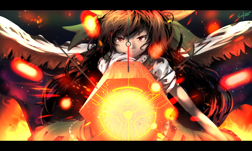 1girl aiming_at_viewer arm_cannon bird_wings brown_hair cape fire gradient gradient_background hair_ribbon highres letterboxed long_hair looking_at_viewer messy_hair puffy_short_sleeves puffy_sleeves radiation_symbol red_eyes reiuji_utsuho ribbon short_sleeves signature skirt smirk solo star_print touhou tsurime weapon wings wjstpwls4