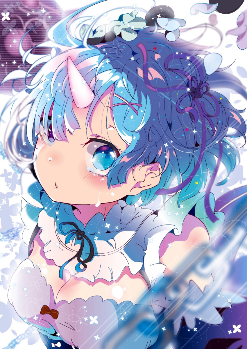 1girl :o aloe_(artist) blue_eyes blue_hair blush bow breasts chain crying crying_with_eyes_open dissolving_clothes eyelashes floating_hair frills from_above hair_over_one_eye hair_ribbon highres horn looking_at_viewer maid oni_horns petals re:zero_kara_hajimeru_isekai_seikatsu red_bow rem_(re:zero) ribbon shade short_hair solo tears upper_body white_background wind x_hair_ornament