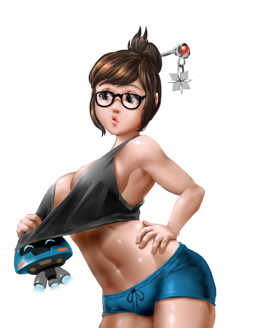 1girl absurdres bangs black-framed_glasses black_eyes blue_shorts breasts brown_eyes chain cowboy_shot crop_top drawstring eyelashes glasses hair_bun hair_ornament hair_stick hand_on_hip highres large_breasts lips looking_away looking_to_the_side mei_(overwatch) midriff moonlit navel overwatch parted_lips pout pulled_by_another red_lips shiny shiny_skin shirt_pull short_hair short_shorts shorts sideboob simple_background solo stomach swept_bangs tank_top toned white_background