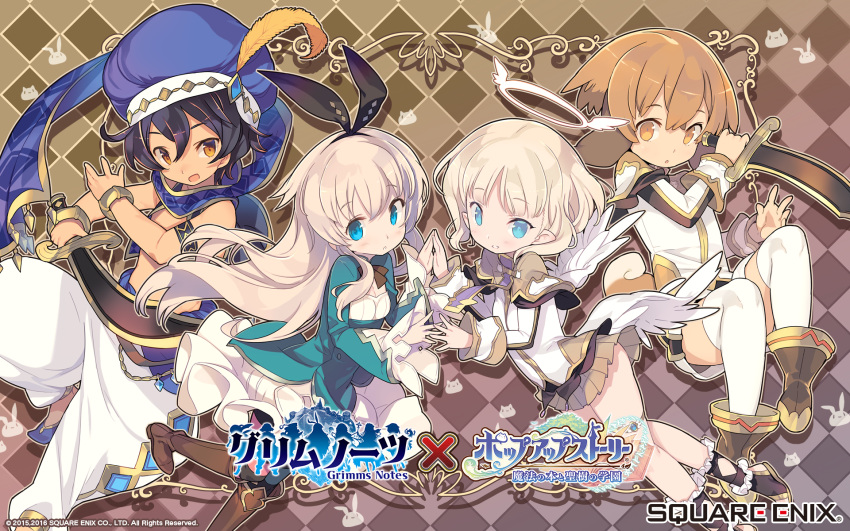 2boys 2girls abs aladdin_(grimms_notes) alice_(grimms_notes) angel angel_wings animal_ears arabian_clothes black_hair blonde_hair blue_eyes blush boots brown_eyes brown_hair company_connection copyright crossover dog_ears dog_tail dress grimms_notes hair_ribbon halo hat_feather highres long_hair low_wings mismatched_legwear misty_sheikh multiple_boys multiple_girls official_art oil_lamp open_mouth pants pleated_skirt pointy_ears pop-up_story ribbon scimitar short_hair skirt smile square_enix striped striped_legwear sword tail thigh-highs turban weapon white_legwear wings yuri_ressen