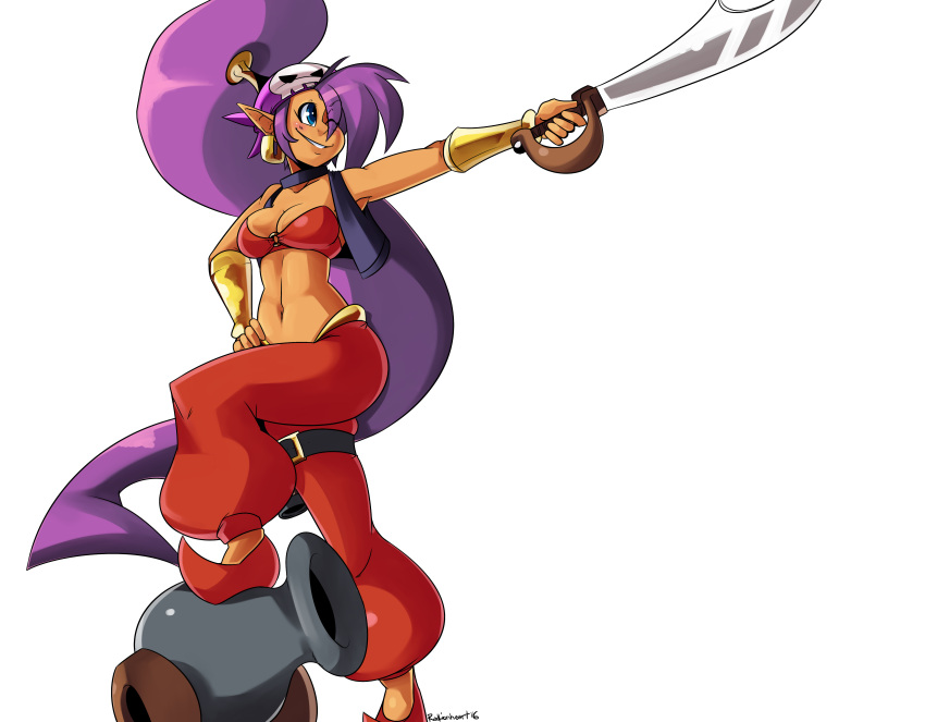 1girl ;) absurdres asymmetrical_bangs bandana bandeau bangs blue_eyes breasts cannon choker cleavage cutlass_(sword) dark_skin earrings full_body hand_on_hip harem_pants high_ponytail highres hoop_earrings jewelry long_hair one_eye_closed pants pointing pointing_forward pointy_ears pointy_shoes purple_hair radlionheart shantae shantae_(character) shantae_and_the_pirate's_curse shoes smile solo transparent_background very_long_hair vest