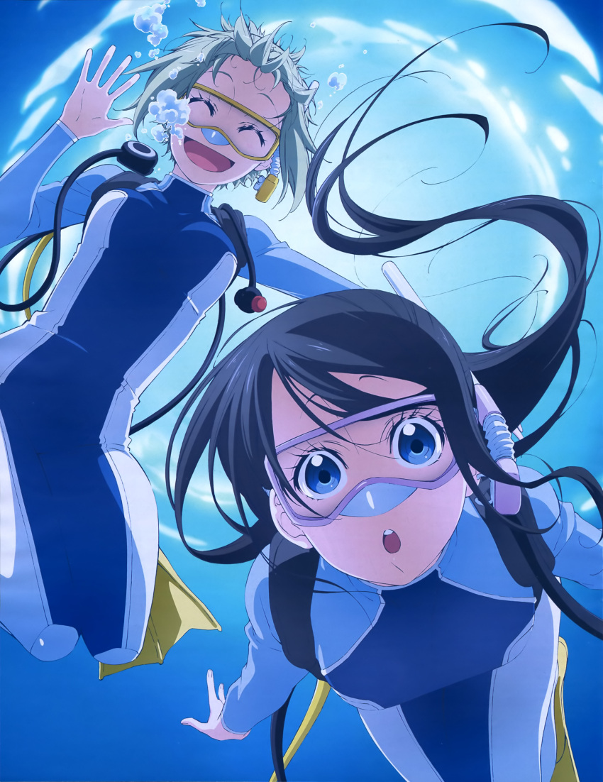 2girls :d ^_^ absurdres air_bubble amanchu! artist_request black_hair blue_eyes bodysuit breath bubble closed_eyes diving flippers freediving goggles green_hair highres holding_breath kohinata_hikari long_hair long_sleeves looking_at_viewer multiple_girls ooki_futaba open_mouth scuba short_hair smile snorkel swimming underwater waving wetsuit