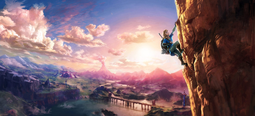 1boy arm_up arrow backlighting behind_back blonde_hair blue_eyes blue_shirt boots bridge brown_boots building cliff climbing clouds evening field fletches grey_pants highres knee_boots lake link mountain official_art orange_sky pants quiver scenery sheath sheathed shirt shore sky smoke sunset sword the_legend_of_zelda the_legend_of_zelda:_breath_of_the_wild tunic volcano water weapon