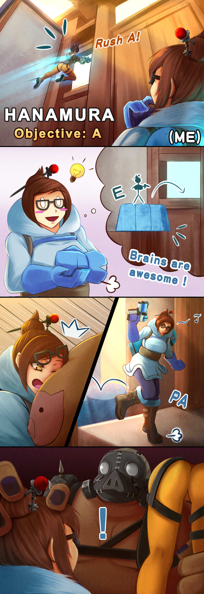 ! absurdres black-framed_glasses blush_stickers brown_hair carrying_over_shoulder coat comic english fat fat_man fingerless_gloves gameplay_mechanics gas_mask glasses gloves gun hair_bun hair_ornament hairpin highres mask mei_(overwatch) overwatch plump roadhog_(overwatch) shirtless short_hair standing tracer_(overwatch) tsugumi_(artist) weapon whisker_markings