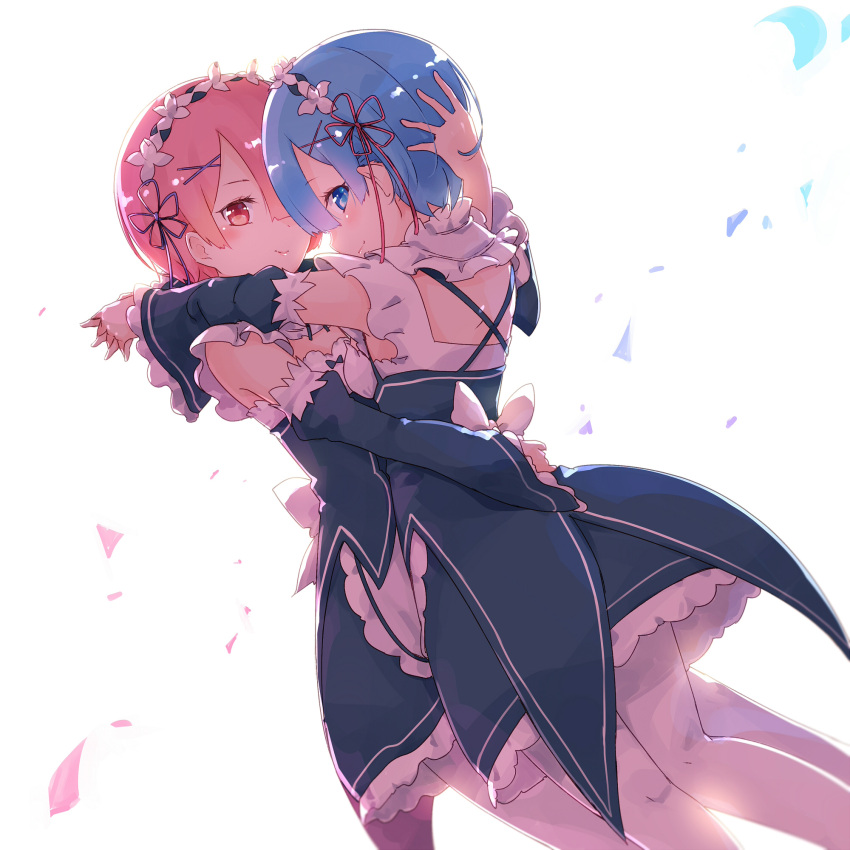 2girls ayakashi_(monkeypanch) blue_eyes blue_hair blush closed_mouth flower hair_flower hair_ornament hair_over_one_eye hair_ribbon highres hug looking_at_viewer maid multiple_girls mutual_hug petals pink_eyes pink_hair ram_(re:zero) re:zero_kara_hajimeru_isekai_seikatsu red_ribbon rem_(re:zero) ribbon siblings simple_background sisters smile twins white_background wind