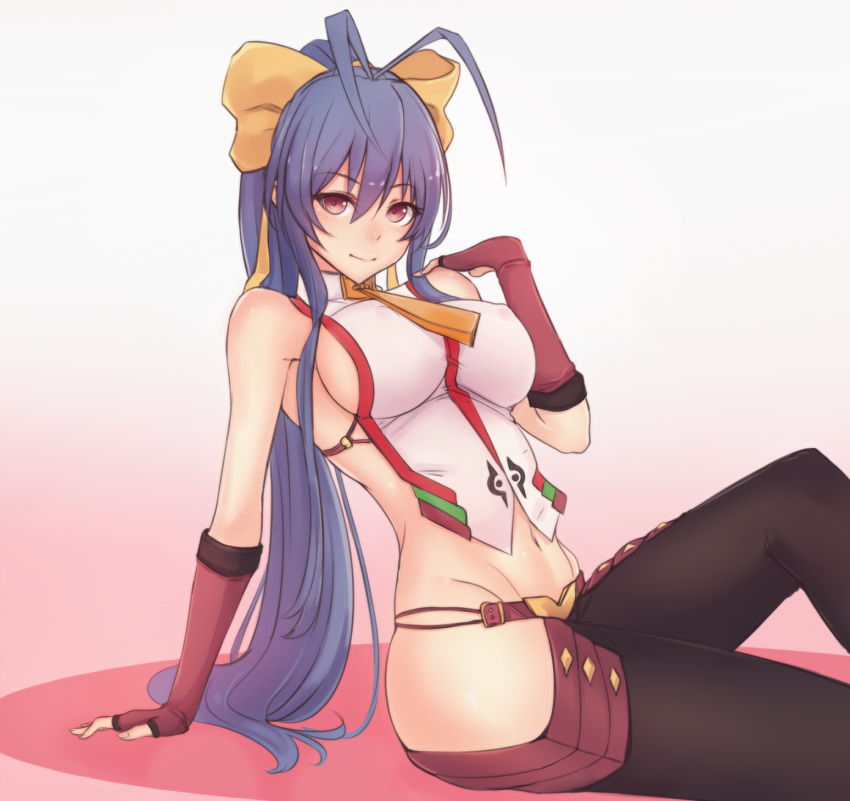 1girl antenna_hair backless_outfit bangs blazblue blazblue_variable_heart blue_hair blush bow breasts covered_nipples fingerless_gloves genderswap genderswap_(mtf) gloves groin hair_between_eyes hair_bow highres kubo_(artist) large_breasts long_hair looking_at_viewer mai_natsume navel no_bra no_panties ponytail red_eyes revealing_clothes ribbon sideboob sidelocks sitting smile solo very_long_hair violet_eyes