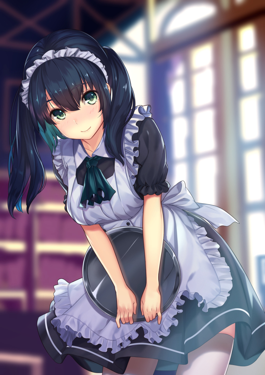 1girl ascot black_dress black_hair blurry blush breasts closed_mouth day depth_of_field dress eyebrows eyebrows_visible_through_hair frilled_sleeves frills green_eyes hair_between_eyes highres indoors kagematsuri large_breasts leaning_forward long_hair looking_at_viewer maid maid_headdress original puffy_short_sleeves puffy_sleeves shelf short_sleeves smile solo sunlight tareme thigh-highs twintails white_apron white_legwear window