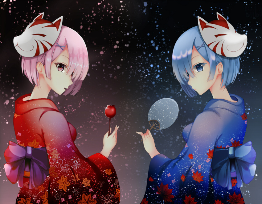 2girls alternate_costume back black_background blue_eyes blue_hair blue_kimono bob_cut breasts candy_apple closed_mouth colored_eyelashes fan food fox_mask hair_ornament hair_over_one_eye holding holding_fan holding_food leaf leaf_print light_frown light_particles light_smile looking_at_viewer looking_back maple_leaf mask mask_on_head multiple_girls obi paper_fan parted_lips pink_hair ram_(re:zero) re:zero_kara_hajimeru_isekai_seikatsu red_eyes rem_(re:zero) sash short_hair siblings sisters symmetrical_pose twins uchiwa upper_body wide_sleeves x_hair_ornament xi_ying