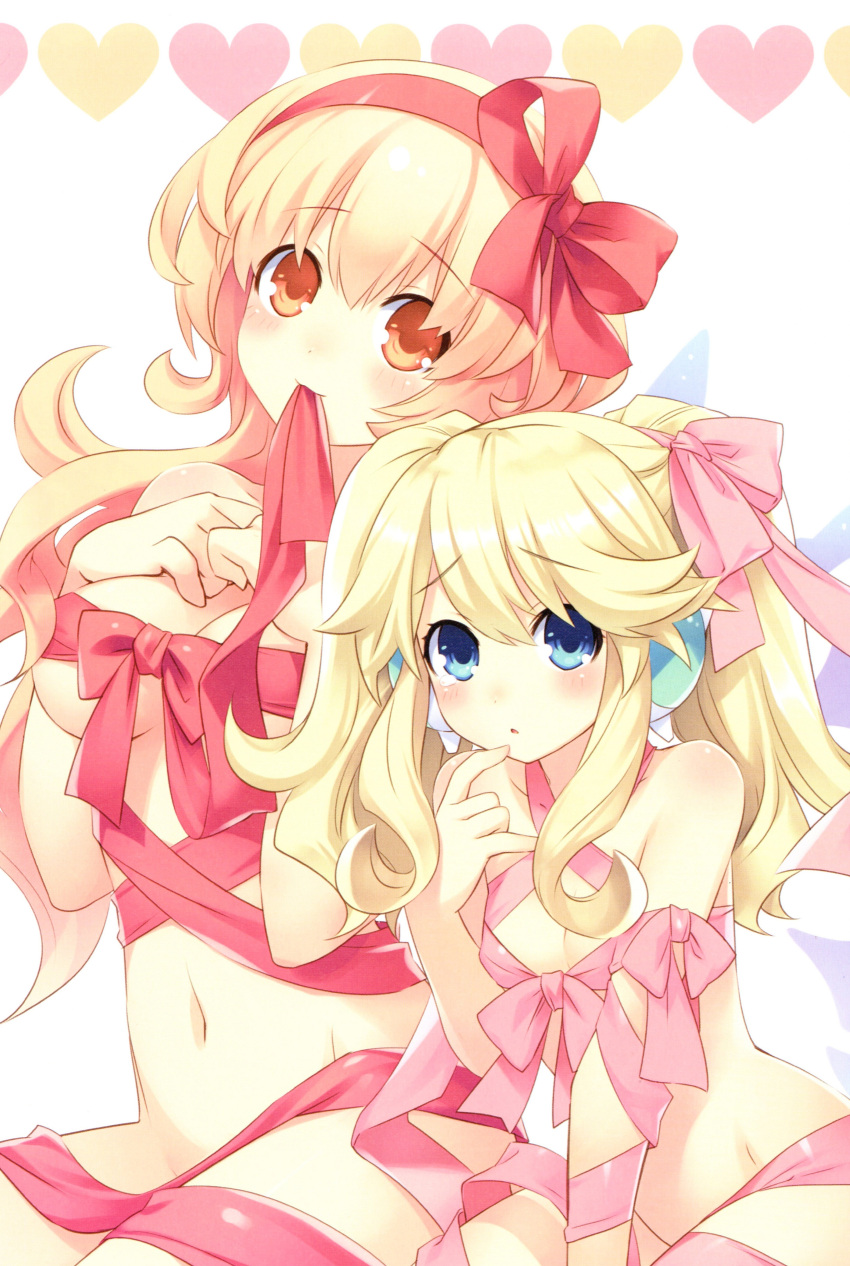 2girls :o \m/ absurdres bangs blonde_hair blue_eyes blush bow breast_suppress breasts cleavage closed_mouth compa convenient_censoring cowboy_shot ear_covers embarrassed eyebrows eyebrows_visible_through_hair fairy_wings finger_to_mouth flipped_hair from_side groin hair_between_eyes hair_bow hair_ornament hair_ribbon hairband hands_on_own_chest head_tilt heart heart_background highres histoire long_hair looking_at_viewer mouth_hold multiple_girls naked_ribbon navel neptune_(series) official_art orange_eyes parted_bangs parted_lips pink_ribbon raised_eyebrows ribbon ribbon_in_mouth scan sidelocks simple_background sitting small_breasts smile tears tsunako twintails under_boob wavy_hair white_background wings