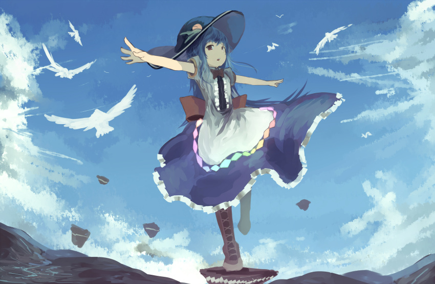 1girl balancing bird blue_hair bow clouds cross-laced_footwear food fruit full_body hat highres hinanawi_tenshi keystone leaf long_hair mifuru open_mouth outstretched_arms peach puffy_short_sleeves puffy_sleeves rainbow_order red_eyes short_sleeves skirt sky solo spread_arms standing standing_on_one_leg touhou very_long_hair wind