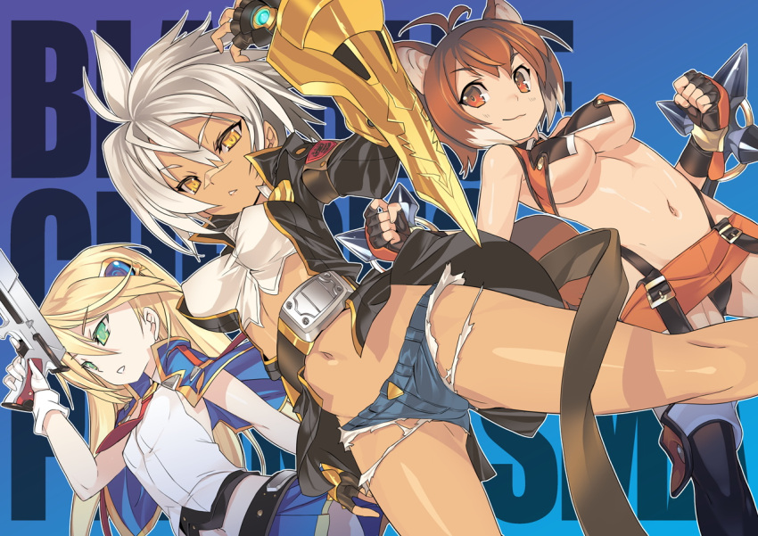 3girls ahoge animal_ears antenna_hair arm_up armband armor bangs bare_shoulders belt black_legwear black_panties blade_(galaxist) blazblue blazblue:_chronophantasma blue_background blush boots breasts brown_hair bullet_(blazblue) capelet covered_nipples crop_top cutoffs dark_skin denim denim_shorts dutch_angle fingerless_gloves flat_chest gloves glowing gradient gradient_background green_eyes grin gun hair_between_eyes hair_ornament handgun high_collar holding jacket large_breasts long_hair looking_afar looking_at_viewer lowleg lowleg_shorts makoto_nanaya microskirt midriff miniskirt multicolored_hair multiple_girls navel necktie noel_vermillion official_art open_clothes open_jacket panties pantyshot pantyshot_(standing) parted_lips pleated_skirt red_eyes shirt short_hair short_shorts shorts silver_hair skirt smile spiky_hair squirrel_ears squirrel_tail standing suspenders tail taut_clothes taut_shirt thigh-highs thigh_boots torn_clothes torn_shorts two-tone_hair under_boob underwear vambraces weapon white_hair wide_stance yellow_eyes