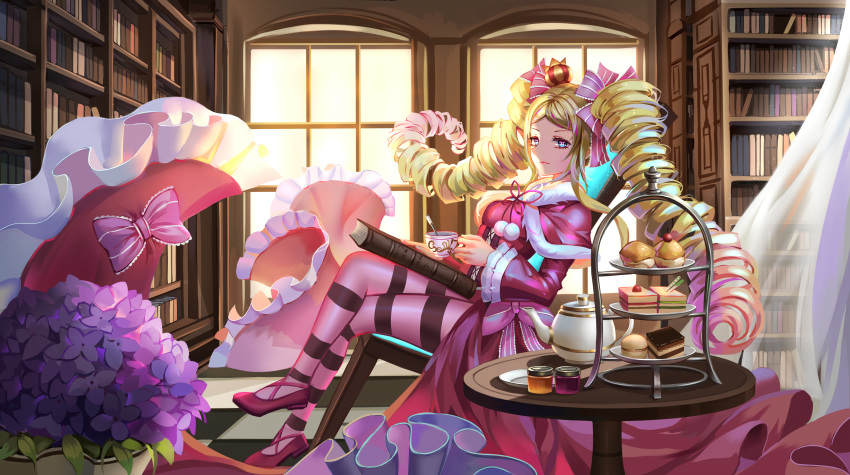 1girl absurdres bangs beatrice_(re:zero) blonde_hair blue_eyes book bookshelf bow breasts capelet checkered checkered_floor closed_mouth crossed_legs crown cup curtains dress drill_hair eyelashes floating_hair frilled_dress frilled_sleeves frills from_side full_body fur_trim gradient_hair hair_bow hair_ribbon highres holding holding_cup indoors jam leaf leaning_back light_smile long_dress long_hair long_sleeves looking_at_viewer mafuyu_(867208837) mini_crown multicolored_hair pantyhose parted_bangs pink_bow pink_dress pink_hair pink_shoes plant plate pom_pom_(clothes) potted_plant purple_flower re:zero_kara_hajimeru_isekai_seikatsu ribbon shade shoes sidelocks sitting sitting_on_chair smile solo spoon striped striped_legwear sweets symbol-shaped_pupils table teacup teapot tiered_tray twin_drills twintails two-tone_hair wide_sleeves wind window