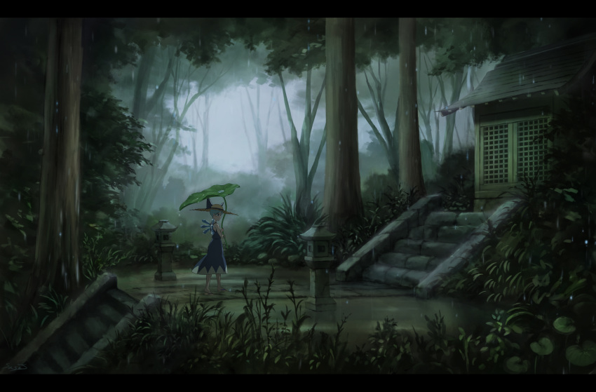 1girl absurdres artist_name blue_dress blue_eyes blue_hair blush_stickers bow cirno dress fairy_wings flip-flops fog forest grass hat hat_bow highres ice ice_wings leaf leaf_umbrella nature outdoors plant rain sandals sasaj scenery short_hair sleeveless sleeveless_dress solo touhou tree water_drop wings