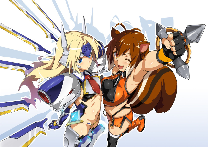 2girls :&lt; ;3 ;d ahoge animal_ears antenna_hair arm_up armor armpits asymmetrical_docking black_gloves black_legwear blazblue blazblue:_chronophantasma blonde_hair blue_eyes blush boots breast_press breasts brown_hair buckle clenched_hand cowboy_shot crop_top crotch_plate elbow_gloves fingerless_gloves floating_hair forehead_protector from_above from_side gloves gradient gradient_background knee_boots large_breasts long_hair looking_at_viewer makoto_nanaya mecha_musume mechanical_wings midriff miniskirt mu-12 multicolored_hair multiple_girls navel necktie neon_trim official_art one_eye_closed open_mouth orange_eyes outline raised_fist robot_ears shadow short_hair side_slit skirt sleeveless small_breasts smile squirrel_ears squirrel_tail standing standing_on_one_leg tail takeda_hiromitsu thigh-highs turtleneck two-tone_hair under_boob very_long_hair white_background white_hair wings