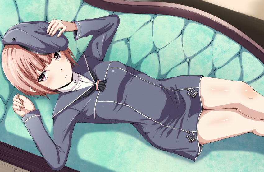 1girl arms_up bangs bare_legs black_hat black_shirt blunt_bangs body_blush bondo_(borndragon) brown_hair closed_mouth couch cowboy_shot dress expressionless from_above hat highres holding holding_hat kantai_collection long_sleeves looking_at_viewer looking_up lying no_pants on_back on_couch sailor_dress shiny shiny_skin shirt short_dress short_hair solo thumbnail_surprise z3_max_schultz_(kantai_collection)