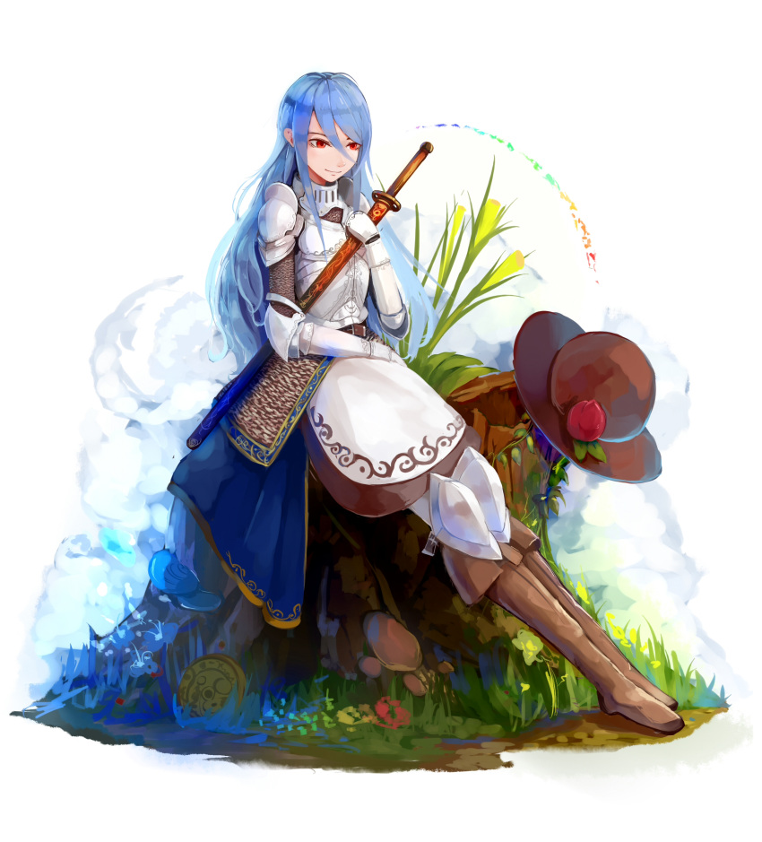 1girl absurdres alternate_costume armor belt blue_hair boots breastplate chainmail flower food fruit gauntlets gorget grass hat hat_removed headwear_removed highres hinanawi_tenshi knee_boots knee_pads knight leaf long_hair looking_to_the_side peach red_eyes scabbard sheath sheathed sitting smile solo spaulders sword touhou tree_stump vambraces very_long_hair weapon white_background yuren