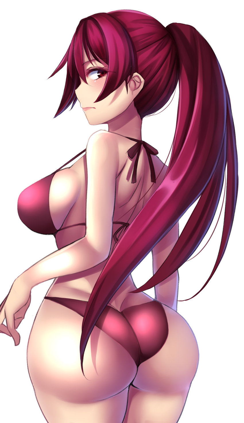 1girl ass beeyan bikini blush breasts fate/grand_order fate_(series) highres long_hair ponytail profile purple_hair red_eyes scathach_(fate/grand_order) simple_background solo swimsuit very_long_hair