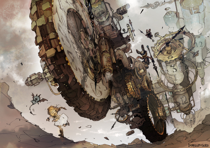 1girl animal_ears artist_name commentary demizu_posuka dress exhaust_pipe gears ground_vehicle imp monster motor_vehicle motorcycle muted_color original rabbit_ears tire